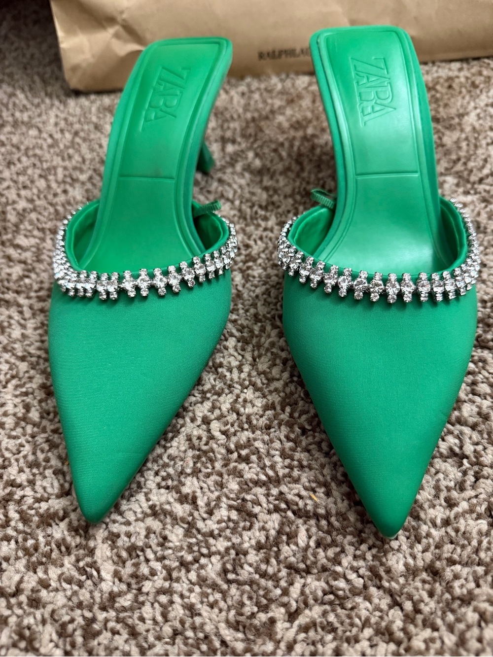 Zara Emerald Green Satin Pointed Toe Mules with Crystal Trim